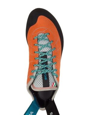 Scarpa Orange Lace-Up Climbing Shoe with Teal Laces